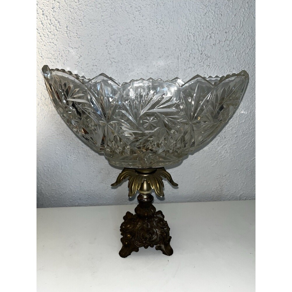 Vintage Ornate Cut Lead Crystal Pedestal Centerpiece Bowl with Brass Base